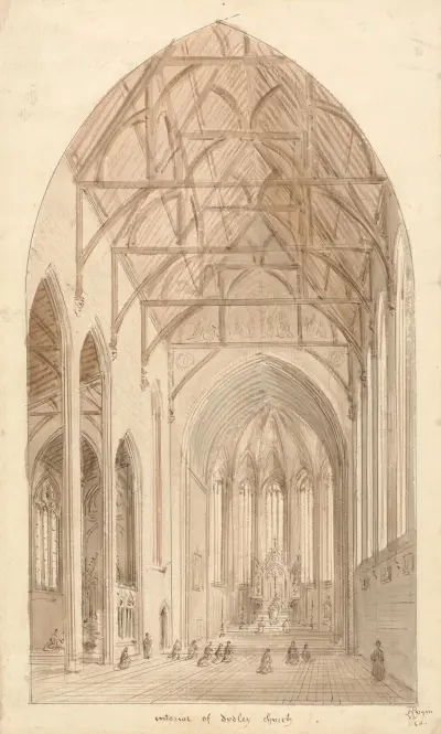 Vår välsignade fru och St Thomas av Canterbury; Interiörperspektiv av Augustus Pugin