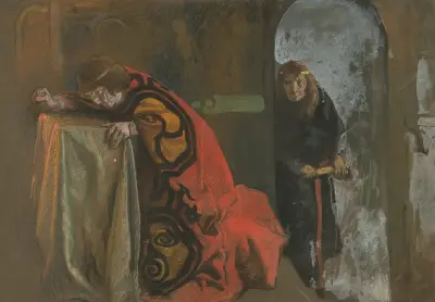 Hamlet; ‘Now might I do it,’ Act III, Scene 3, Hamlet av Edwin Austin Abbey