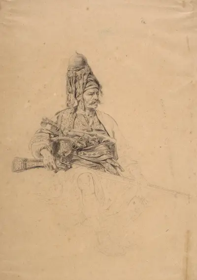 Sitting zeybek with a rifle – study for the painting av Stanisław Chlebowski
