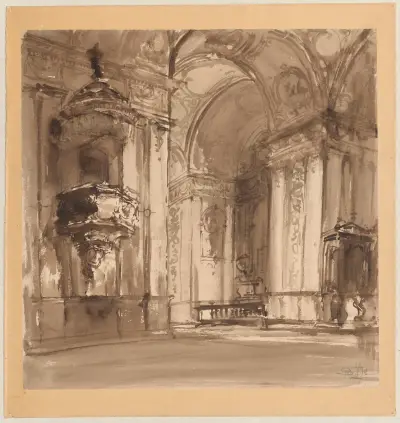 Baroque interior with a pulpit av Stanisław Noakowski