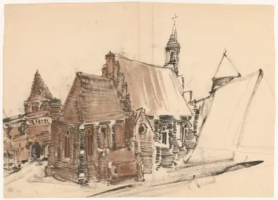 Belgium. Gothic architecture. Church and fragment of wall with a gate av Stanisław Noakowski