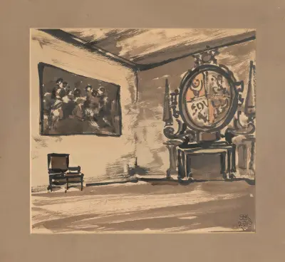 Castle hall from the Vasa era, with a fireplace and painting av Stanisław Noakowski