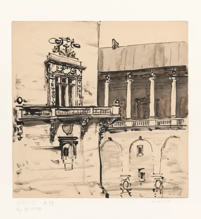 Corner of a palace with Renaissance window and balcony av Stanisław Noakowski