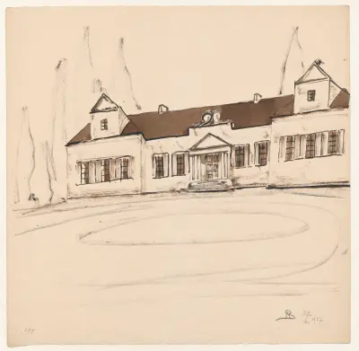 Country manor house with a porch on columns av Stanisław Noakowski
