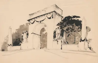 Empire triumphal arch with two obelisks on the sides av Stanisław Noakowski
