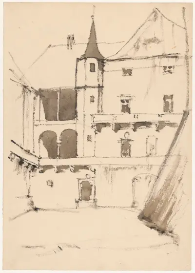 Fragment of a castle courtyard with loggia av Stanisław Noakowski