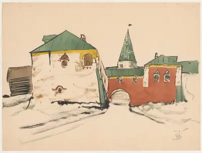 Monastery buildings with a gate and tower av Stanisław Noakowski