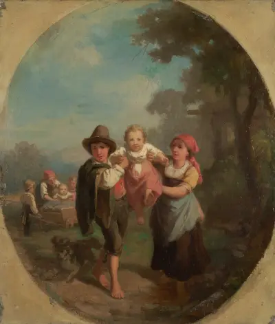 Italian children at play with dog av Johann Baptist Kirner