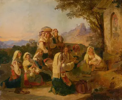 Italian peasants at prayer in front of a wayside shrine near Cervara av Johann Baptist Kirner