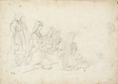 Italian peasants at prayer in front of a wayside shrine av Johann Baptist Kirner