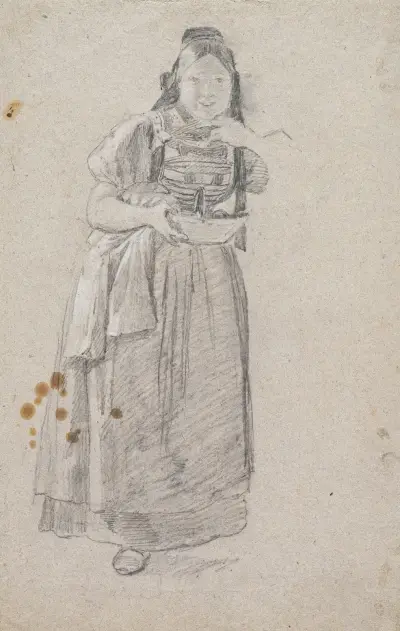 Young Black Forest woman, listening (with sewing box and blouse) av Johann Baptist Kirner