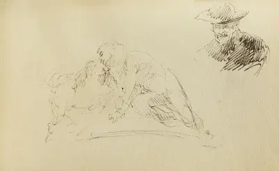 Etude de deux personnes enlacées et d’un buste d’homme portant un chapeau av Jean-Baptiste Carpeaux