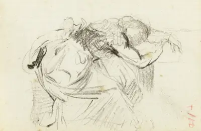 Etude de femme assise, l’avant du corps allongé sur une table, la tête dans les bras av Jean-Baptiste Carpeaux