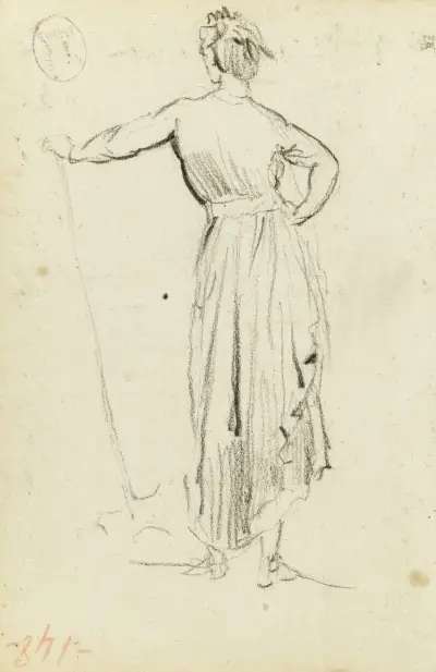 Etude d’une femme debout de dos, la main gauche appuyée sur une pelle av Jean-Baptiste Carpeaux