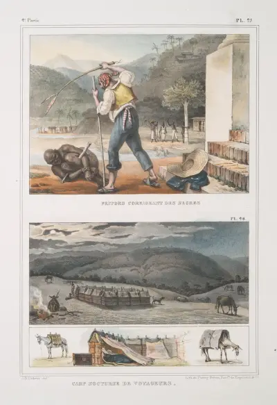 Feitors corrigeant des nègres; Camp nocturne de voyageurs. av Jean Baptiste Debret
