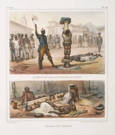 L’exécution de la punition du fouet; Nègres ào [au] tronco av Jean Baptiste Debret