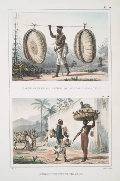 Marchand de cestes [cestos], paniers qui portent sur la tête; Nègres vendeurs de volaille av Jean Baptiste Debret