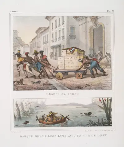 Nègros de carro; Barque brésilienne faite avec un cuir de boeuf av Jean Baptiste Debret