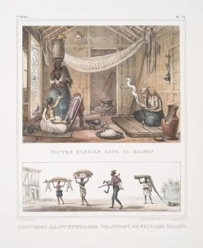 Fattig familj i sitt hem; snickare som ska flytta in. Transport av aloeblad av Jean Baptiste Debret