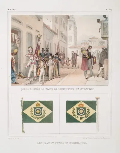 Quête nommée la folie de l’empereur du St. Esprit; Drapeau et pavillon brésiliens av Jean Baptiste Debret
