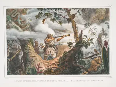 Sauvages civilisés, soldats indiens de Mugi das Cruzas (Province de St. Paul) combattant des Botocoudos av Jean Baptiste Debret