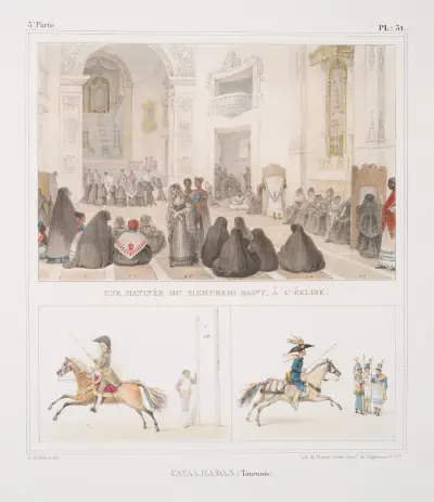 En onsdagsmorgon under stilla veckan, i kyrkan; Cavalhadas (turneringar) av Jean Baptiste Debret