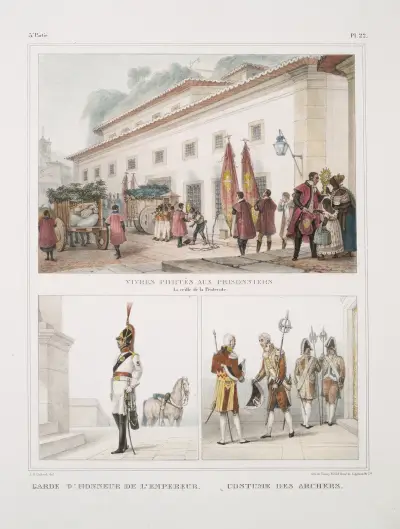 Vivres portés aux prisonniers, la veille de la Pentecôte; Garde d’honneur de l’empereur; Costume des archers av Jean Baptiste Debret