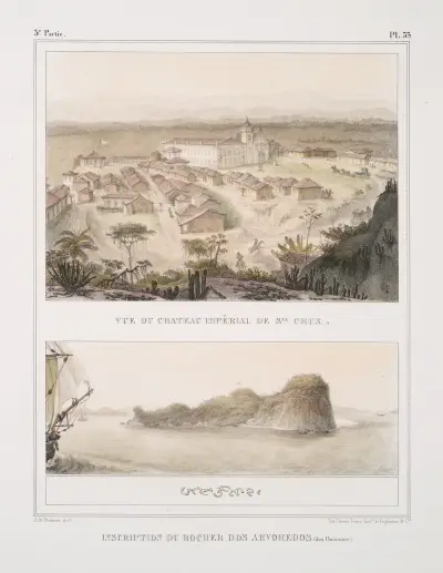 Utsikt över det kejserliga slottet i Santa Cruz; inskription på klippan vid Arvoredos (des Buissons) av Jean Baptiste Debret