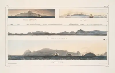 Utsikt över Rio de Janeiros kust; Teneriffas topp; Kap Frio; Rio de Janeiros kust; Liggande jätte av Jean Baptiste Debret
