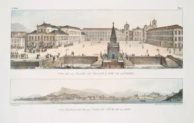 Utsikt över Place du Palais, Rio de Janeiro; Stadsvy från havet av Jean Baptiste Debret