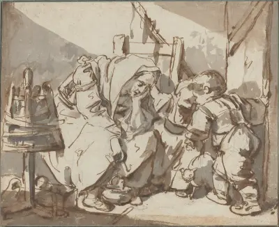 En trött kvinna med två barn av Jean-Baptiste Greuze