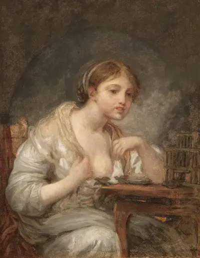 Ung kvinna med fågelbur av Jean-Baptiste Greuze