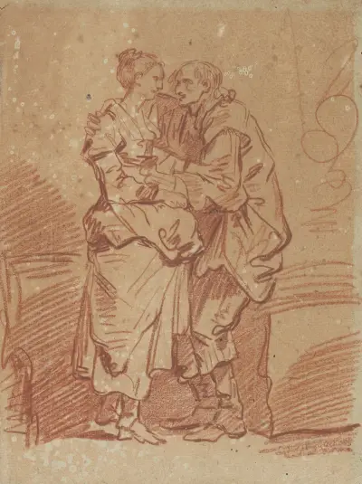 En gammal man med en penningpåse omfamnar en ung kvinna av Jean-Baptiste Greuze