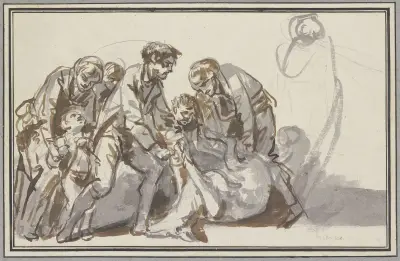 Figurgrupp med två män som försöker binda ihop hovarna på en död hind som ligger på marken av Jean-Baptiste Greuze