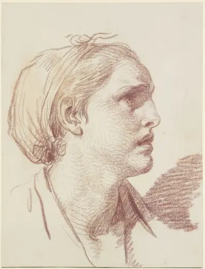 Kvinno huvud med uppbundet hår i profil mot höger av Jean-Baptiste Greuze