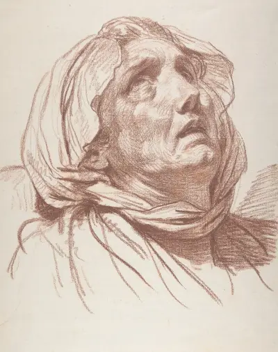 Ett gammalt kvinnohuvud som ser upp av Jean-Baptiste Greuze