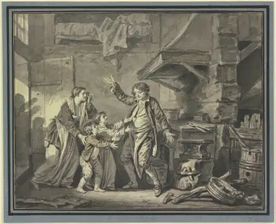 I en smedja bönfaller en kvinna med två barn en man av Jean-Baptiste Greuze
