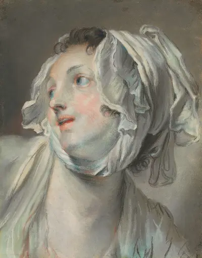 The head of a young woman wearing a bonnet and facing left av Jean-Baptiste Greuze