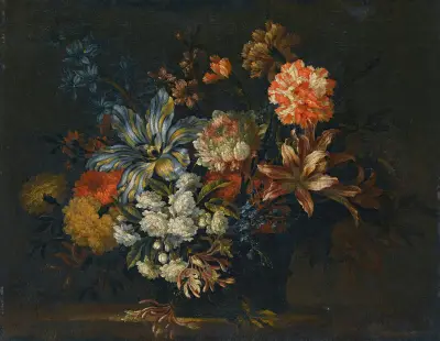 A Still Life Of Lillies, Honeysuckle And Other Flowers In A Vase On A Ledge av Jean-Baptiste Monnoyer