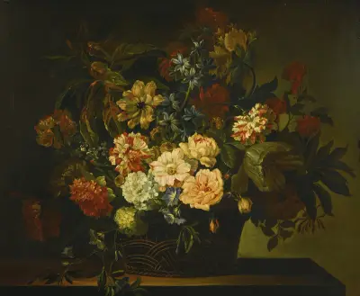 Dahlias, Tulips, Honeysuckle and other flowers in a basket on a table av Jean-Baptiste Monnoyer