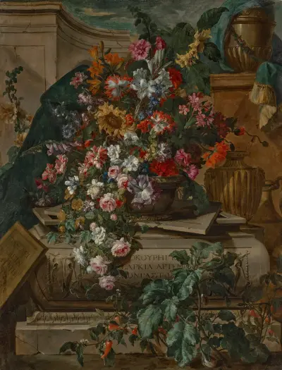Flowers in an urn on a sarcophagus av Jean-Baptiste Monnoyer