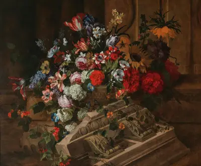 Flowers near a classical cornice on a terrace av Jean-Baptiste Monnoyer