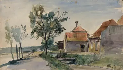 En bäck som rinner mellan hus och en väg av Johan Barthold Jongkind