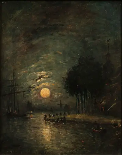 Månsken, utsikt över Dordrecht av Johan Barthold Jongkind