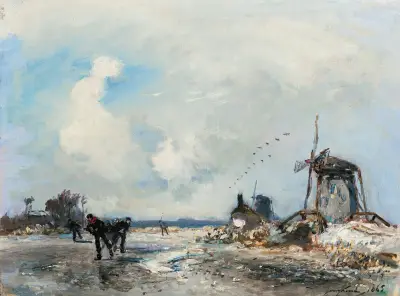 Kvarnar och skridskoåkare i Holland av Johan Barthold Jongkind