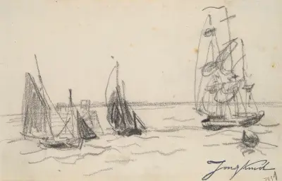 Små segelbåtar och en tremastare av Johan Barthold Jongkind