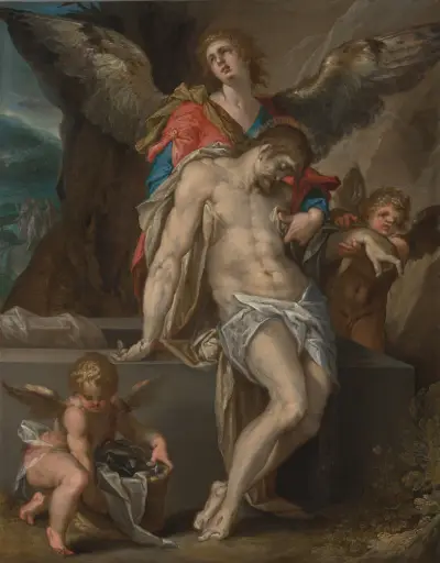 Engelen dragen het lichaam van Christus (Engelenpietà) av Bartholomaeus Spranger