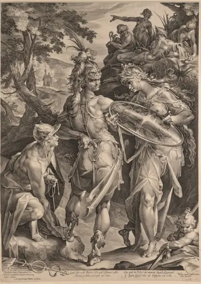 Perseus, armed, to free Andromeda av Bartholomaeus Spranger