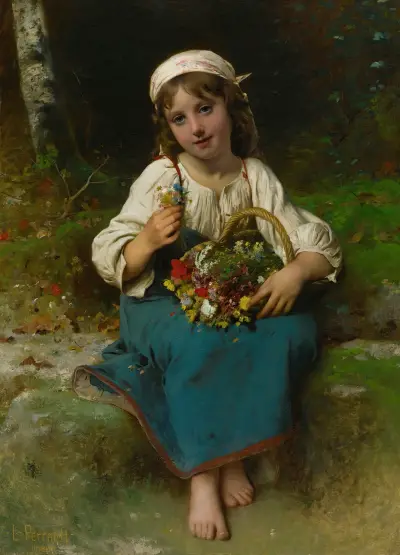 Young girl with a basket of flowers av Léon-Jean-Basile Perrault