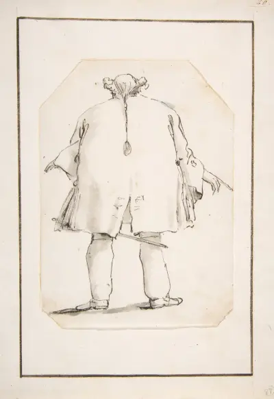 Karikatyrmålning av en tjock man, sedd bakifrån av Giovanni Battista Tiepolo